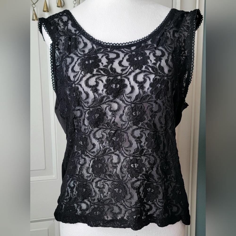 Y2K Vintg Sears Sheer Floral Lace Camisole Womens XL Black Dark Coquette Stretch